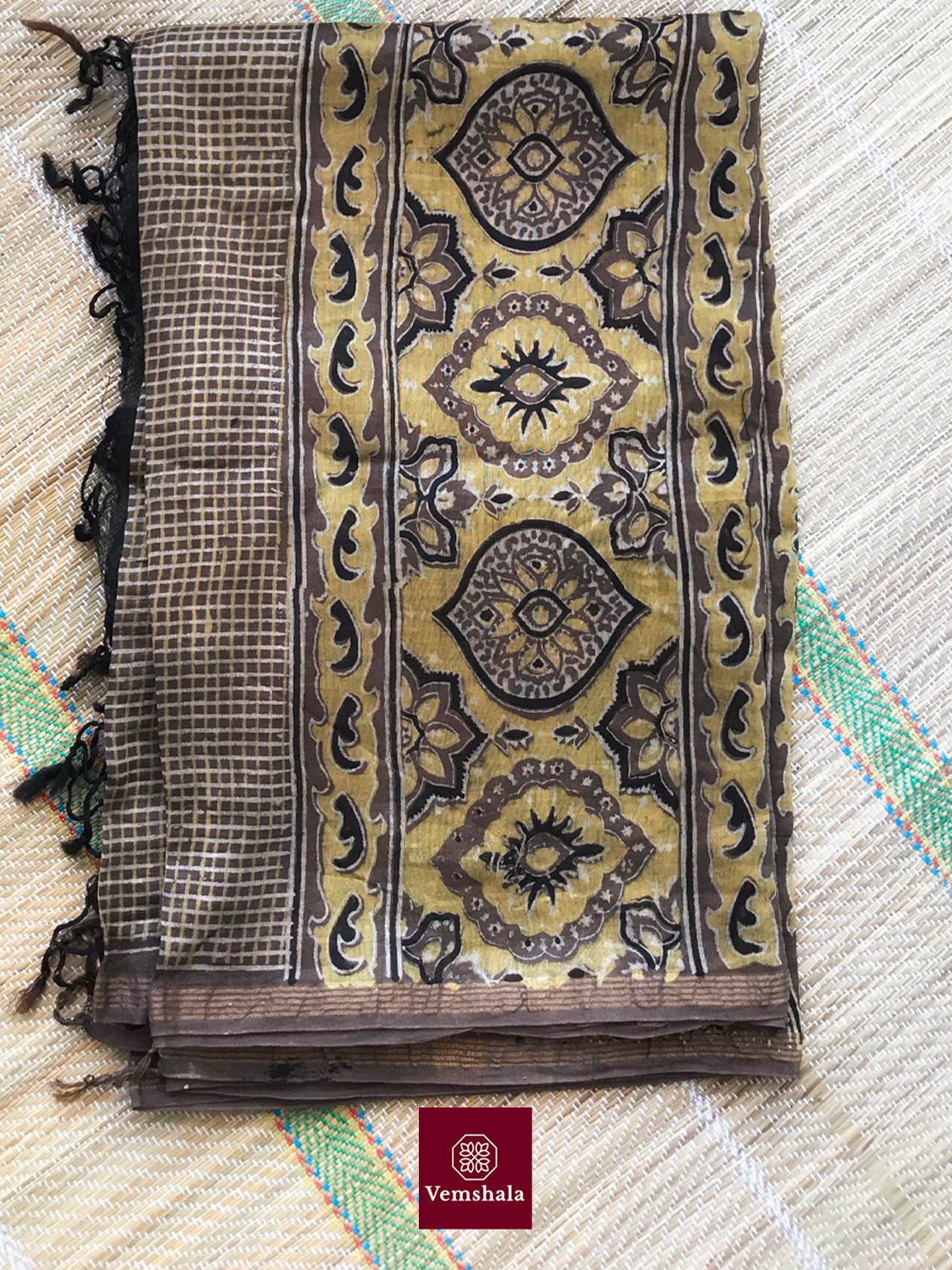 Brown / Yellow Chanderi Silk Ajrakh Dupatta - Vemshala