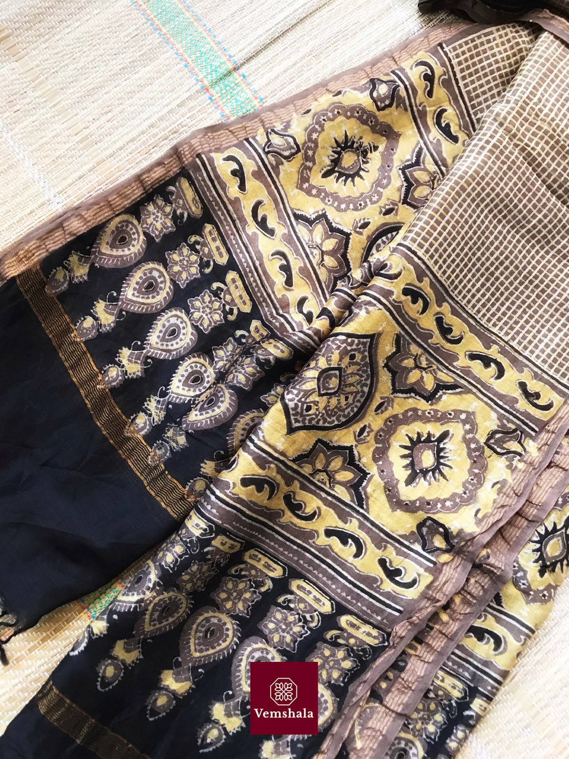 Brown / Yellow Chanderi Silk Ajrakh Dupatta - Vemshala