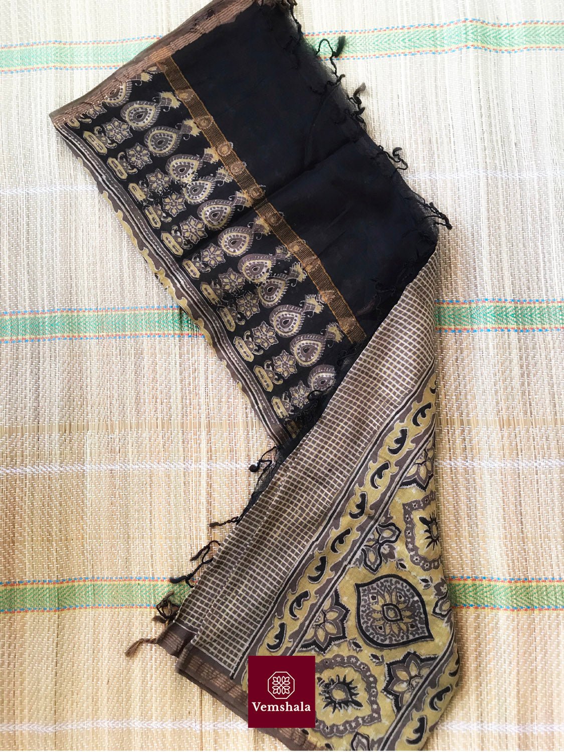 Brown / Yellow Chanderi Silk Ajrakh Dupatta - Vemshala