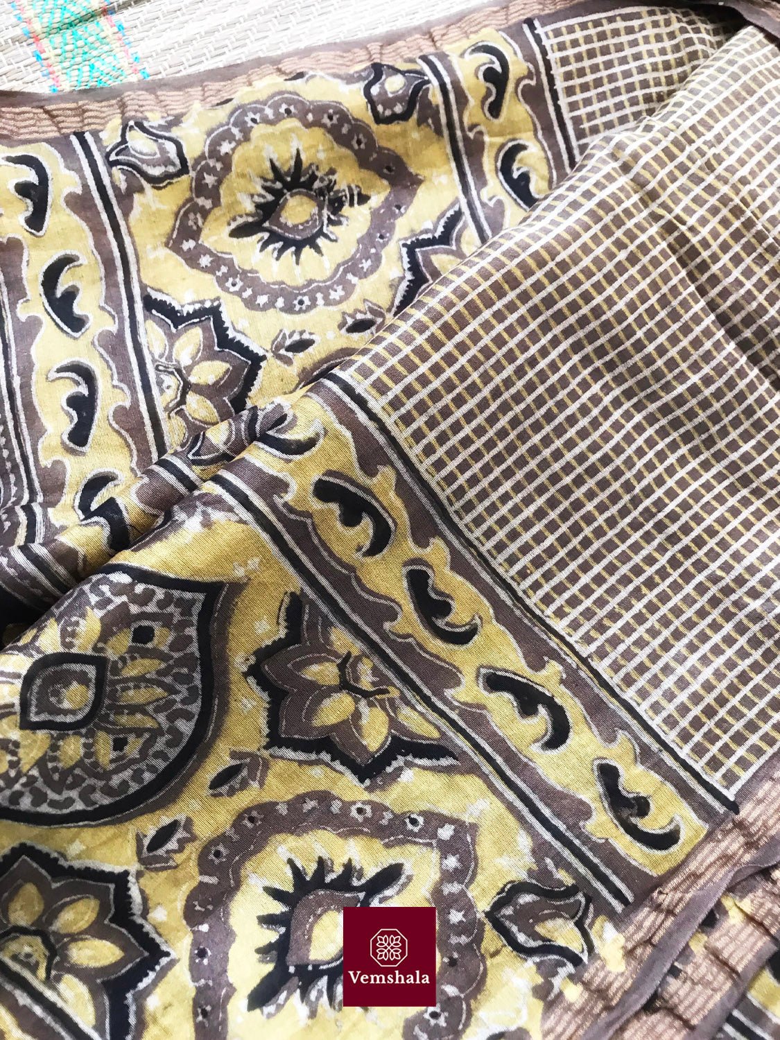 Brown / Yellow Chanderi Silk Ajrakh Dupatta - Vemshala