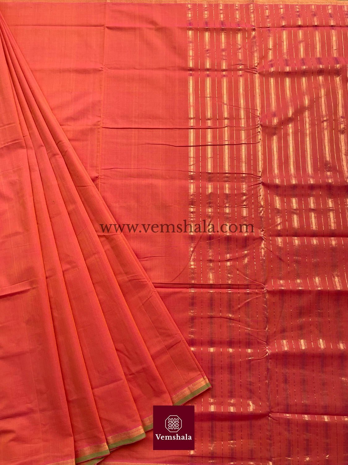 Burnt Orange / Green / Gold Cotton Mangalgiri Saree : Devika - Vemshala