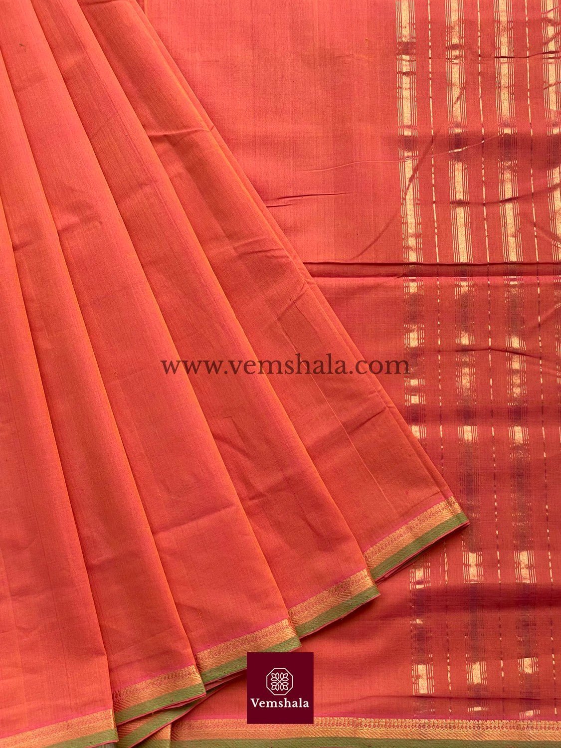 Burnt Orange / Green / Gold Cotton Mangalgiri Saree : Devika - Vemshala