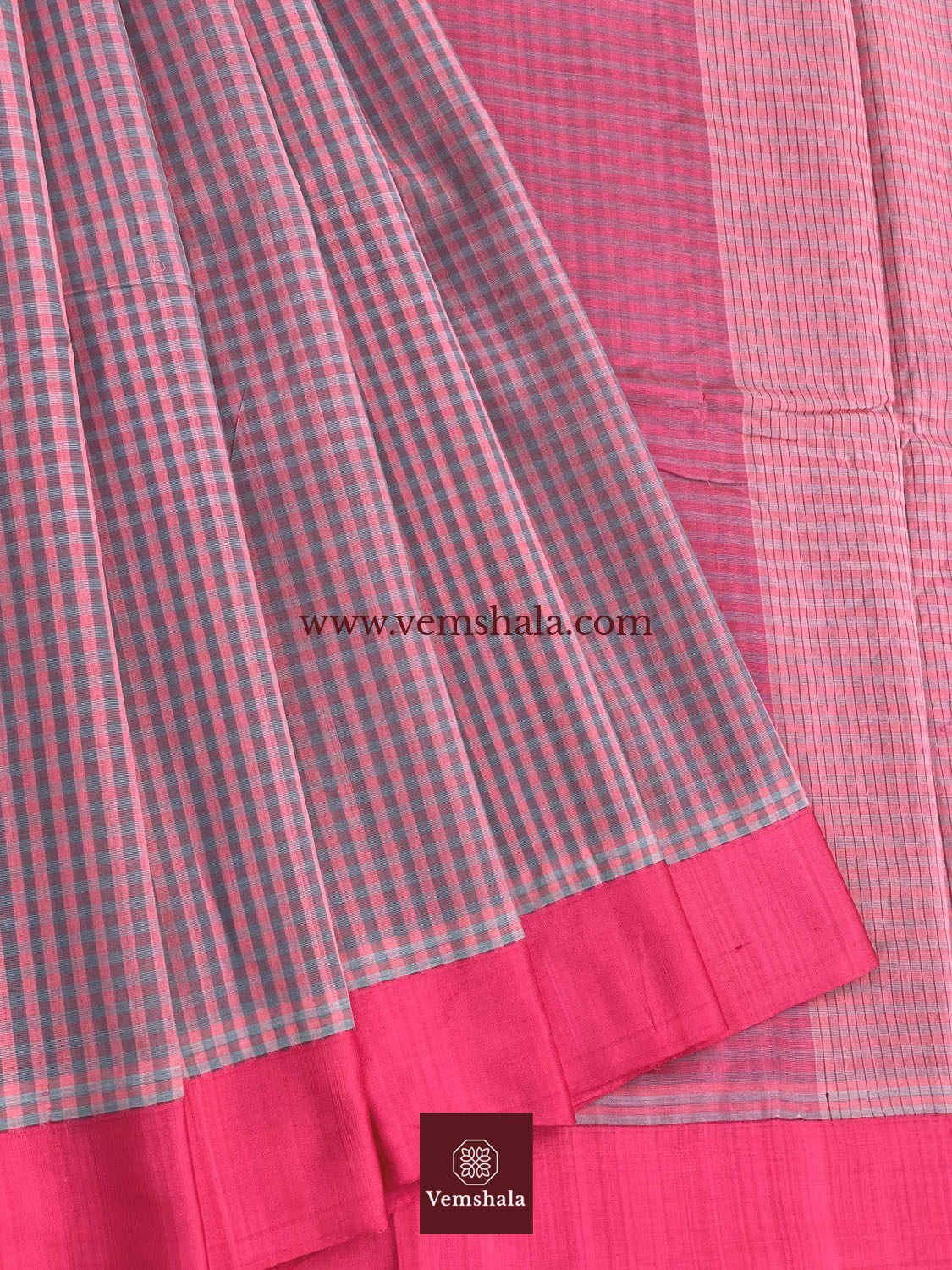 Pink / Grey / Neon Pink Ponduru Cotton Saree : Pakhee - Vemshala