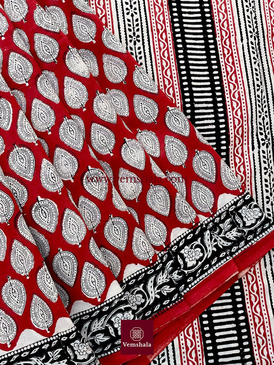 Red/ Ecru/ Black Bagru Handblock Print Cotton Saree : Trishaya - Vemshala