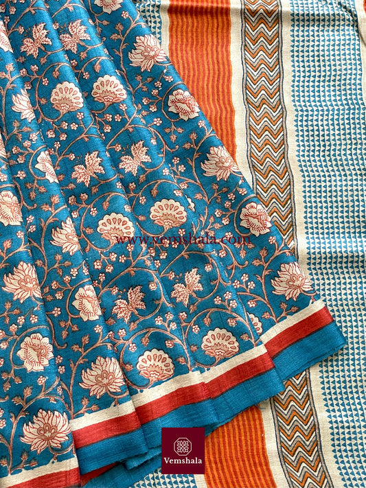 Turquoise Blue / Multi Hand Block Print Tussar Silk Saree: Panna - Vemshala