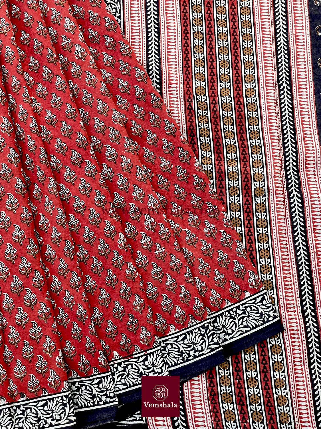 Red/ Ecru/ Black Bagru Handblock Print Cotton Saree : Aruna - Vemshala