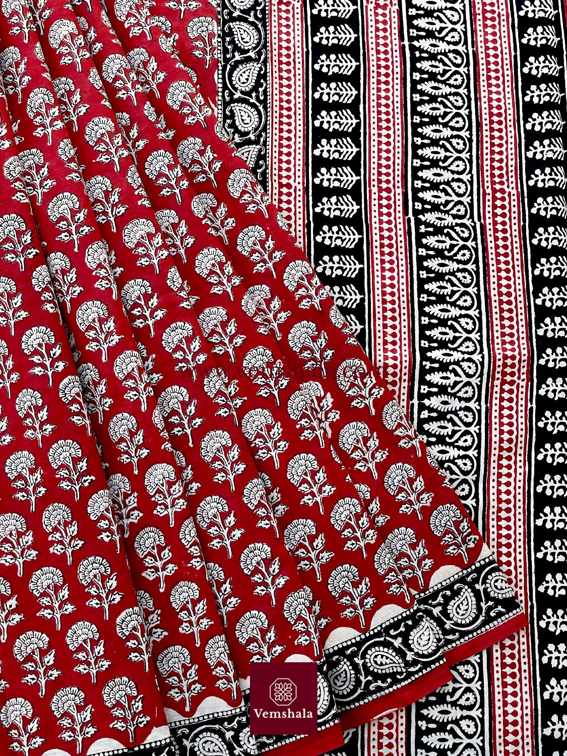 Red/ Ecru/ Black Bagru Handblock Print Cotton Saree : Gulshan - Vemshala