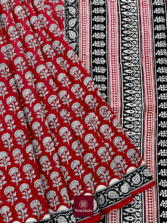 Red/ Ecru/ Black Bagru Handblock Print Cotton Saree : Gulshan - Vemshala