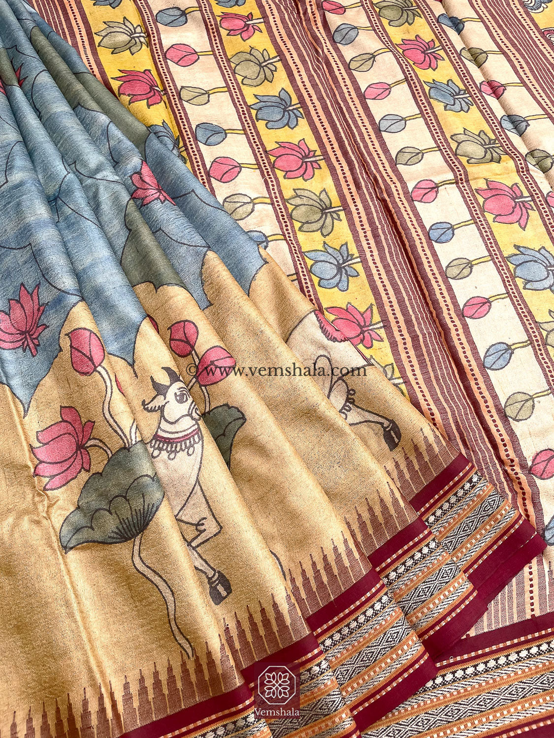 Pen Kalamkari Karvati Kinar Tussar Silk Saree : Shreeji - Vemshala