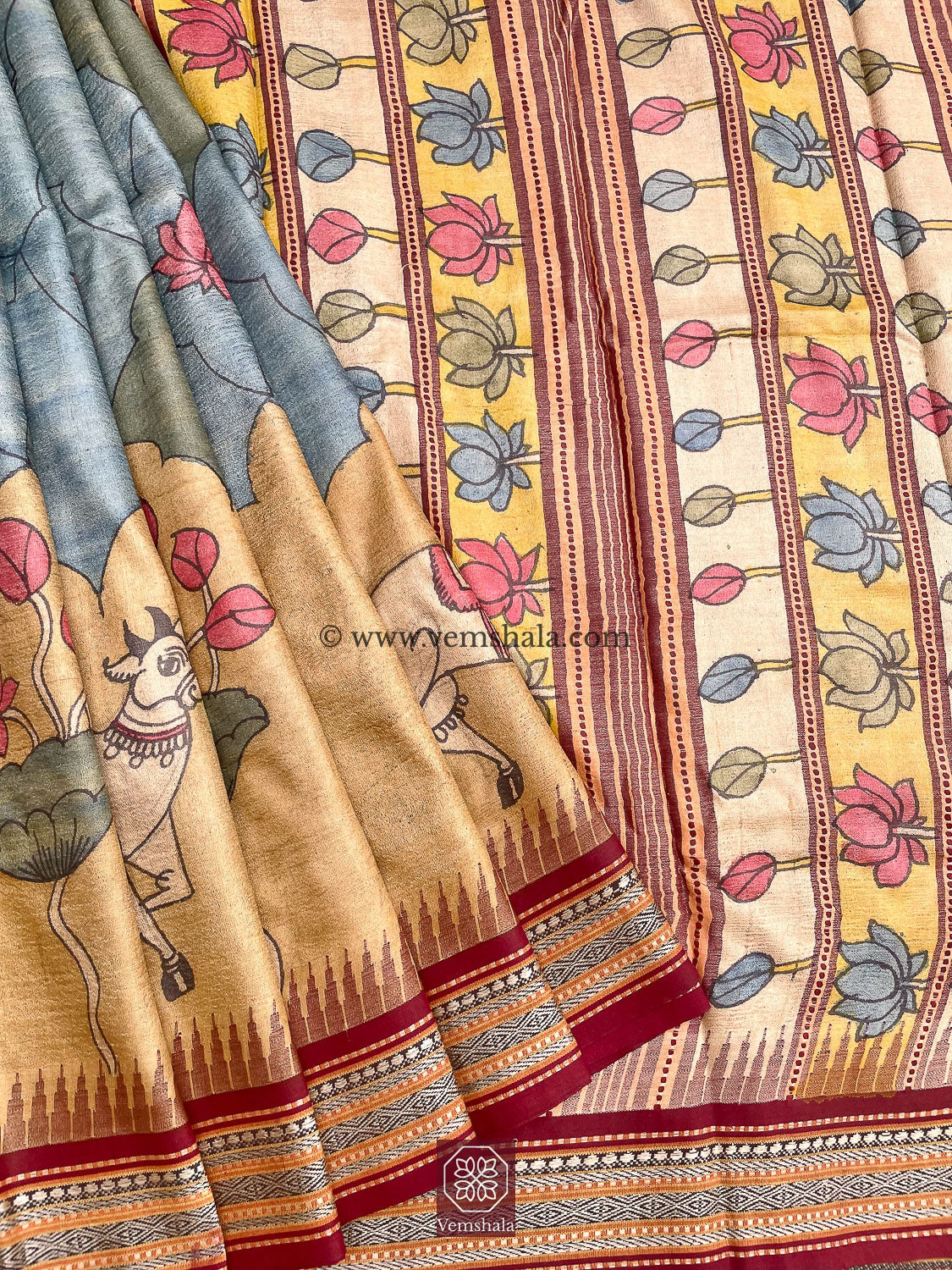 Pen Kalamkari Karvati Kinar Tussar Silk Saree : Shreeji - Vemshala