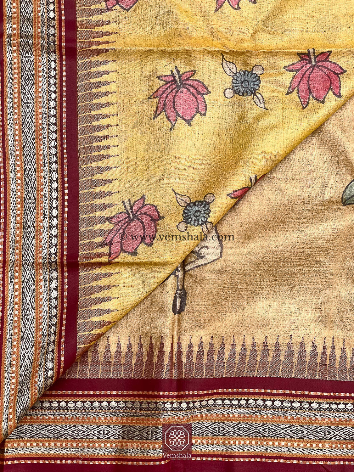 Pen Kalamkari Karvati Kinar Tussar Silk Saree : Shreeji - Vemshala