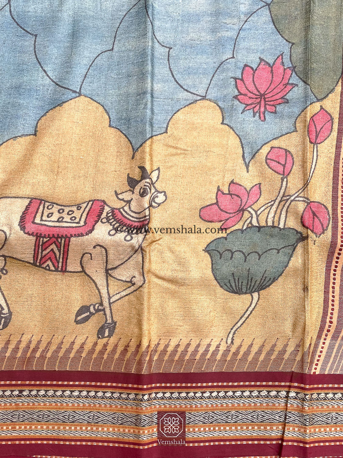 Pen Kalamkari Karvati Kinar Tussar Silk Saree : Shreeji - Vemshala