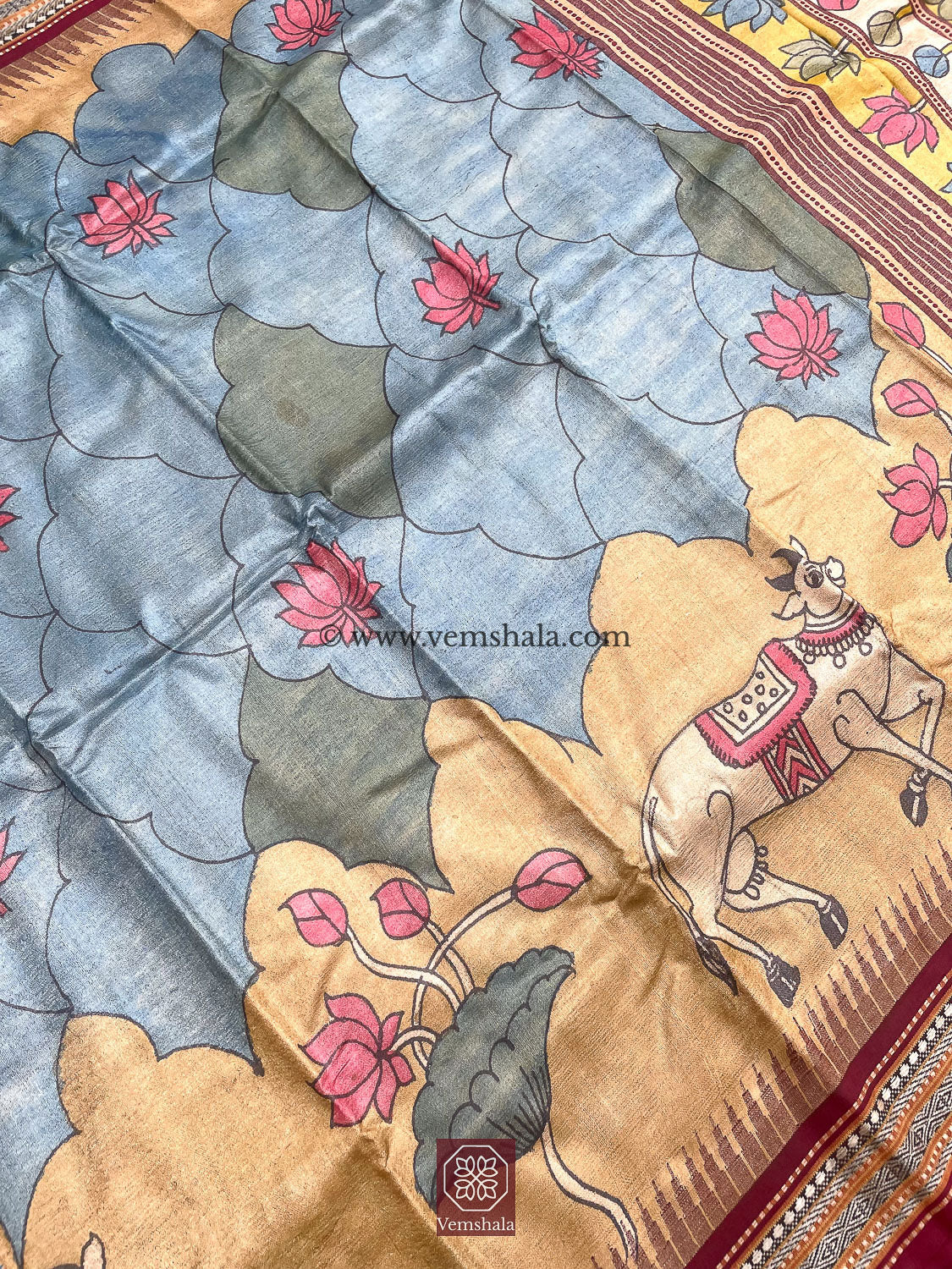 Pen Kalamkari Karvati Kinar Tussar Silk Saree : Shreeji - Vemshala