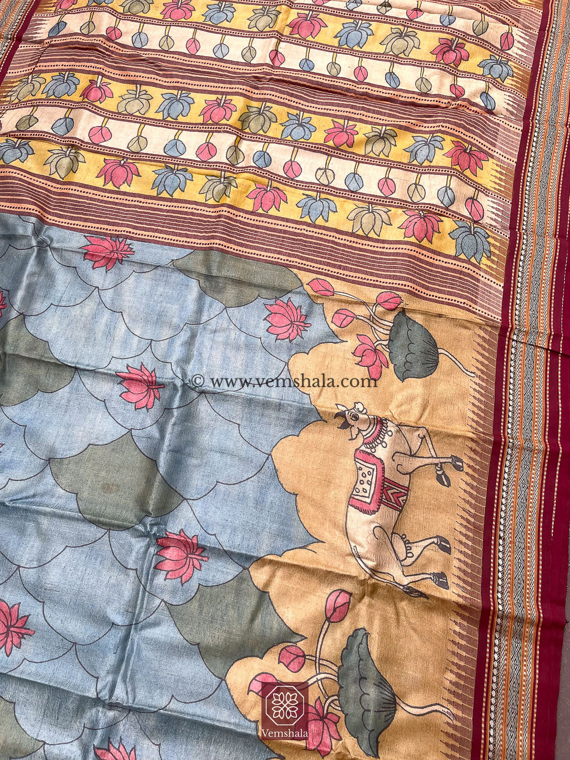 Pen Kalamkari Karvati Kinar Tussar Silk Saree : Shreeji - Vemshala