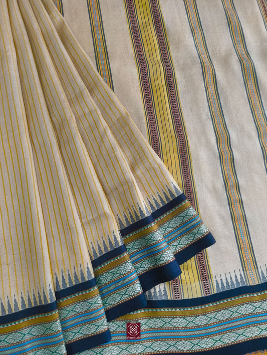 Natural / Blue / Yellow Karvati Kinar Tussar Saree