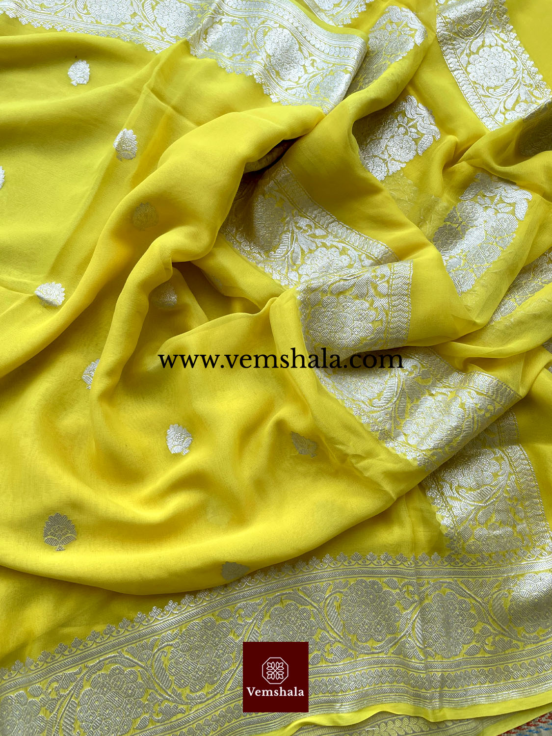 Sunshine yellow Banarasi Khaddi-Georgette Saree : Bhor - Vemshala