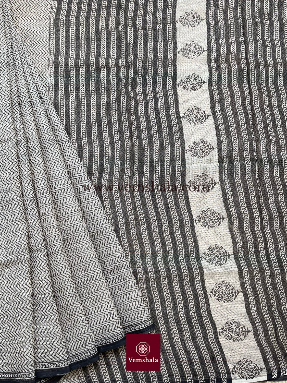 Ecru / Black Bagru Hand block print Kota Doria Cotton Saree - Vemshala