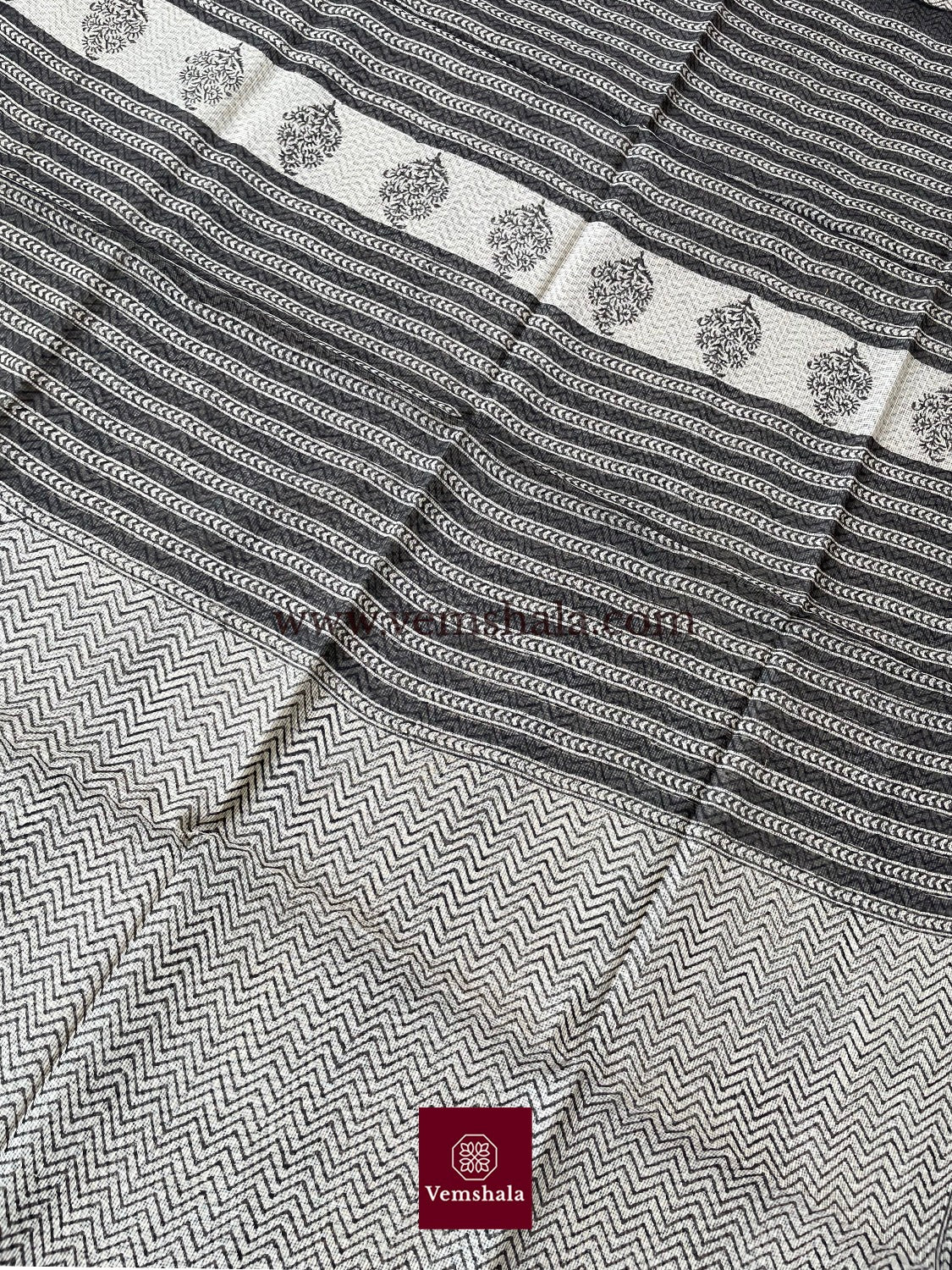 Ecru / Black Bagru Hand block print Kota Doria Cotton Saree - Vemshala