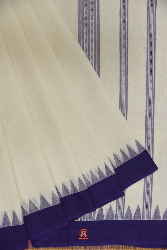 Ecru / Blue Ponduru Cotton Saree - Vemshala