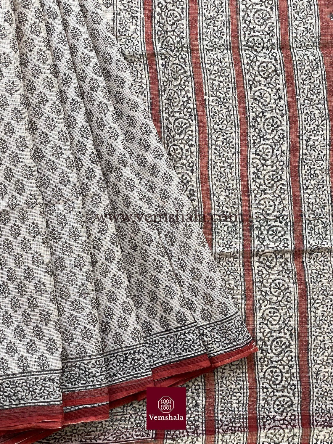 Ecru / Brick Red / Black Bagru Hand block print Kota Doria Cotton Saree - Vemshala