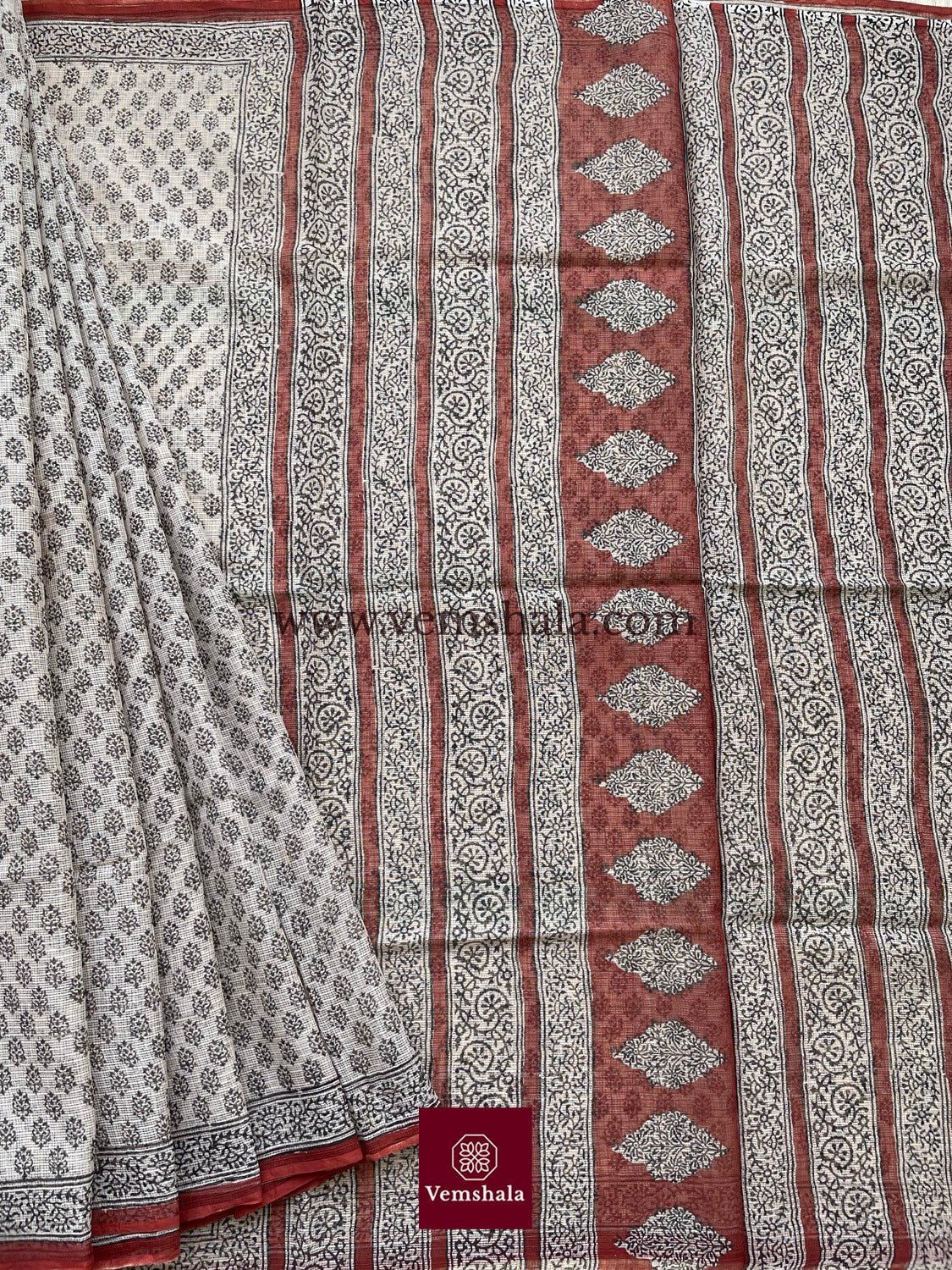 Ecru / Brick Red / Black Bagru Hand block print Kota Doria Cotton Saree - Vemshala