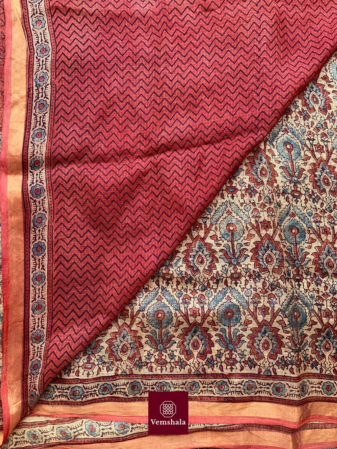 Ecru / Brick Red / Faded Indigo Ajrakh Kota Silk Saree : Mehul - Vemshala