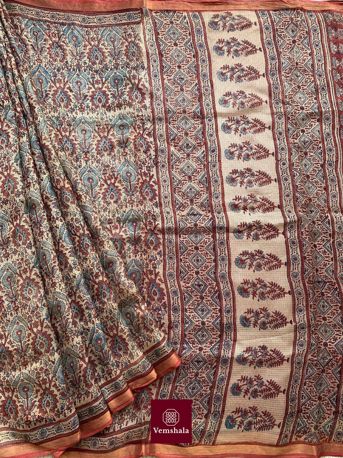 Ecru / Brick Red / Faded Indigo Ajrakh Kota Silk Saree : Mehul - Vemshala