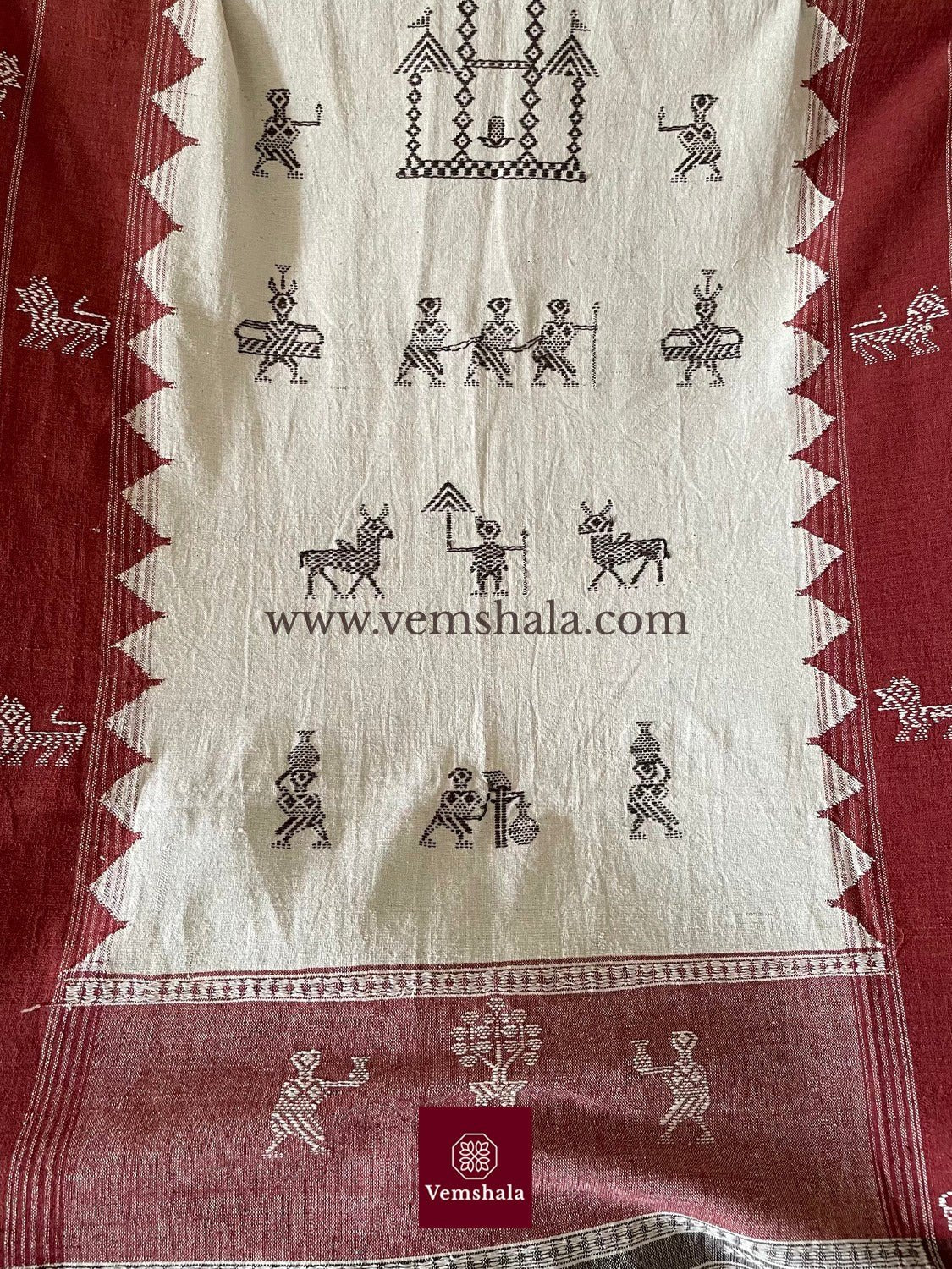 Ecru / Brick Red Kotpad Cotton Dupatta - Vemshala