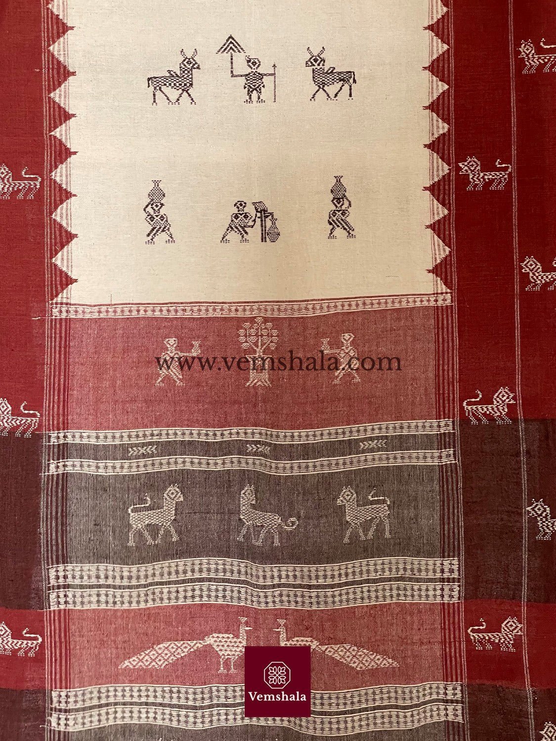 Ecru / Brick Red Kotpad Cotton Dupatta - Vemshala