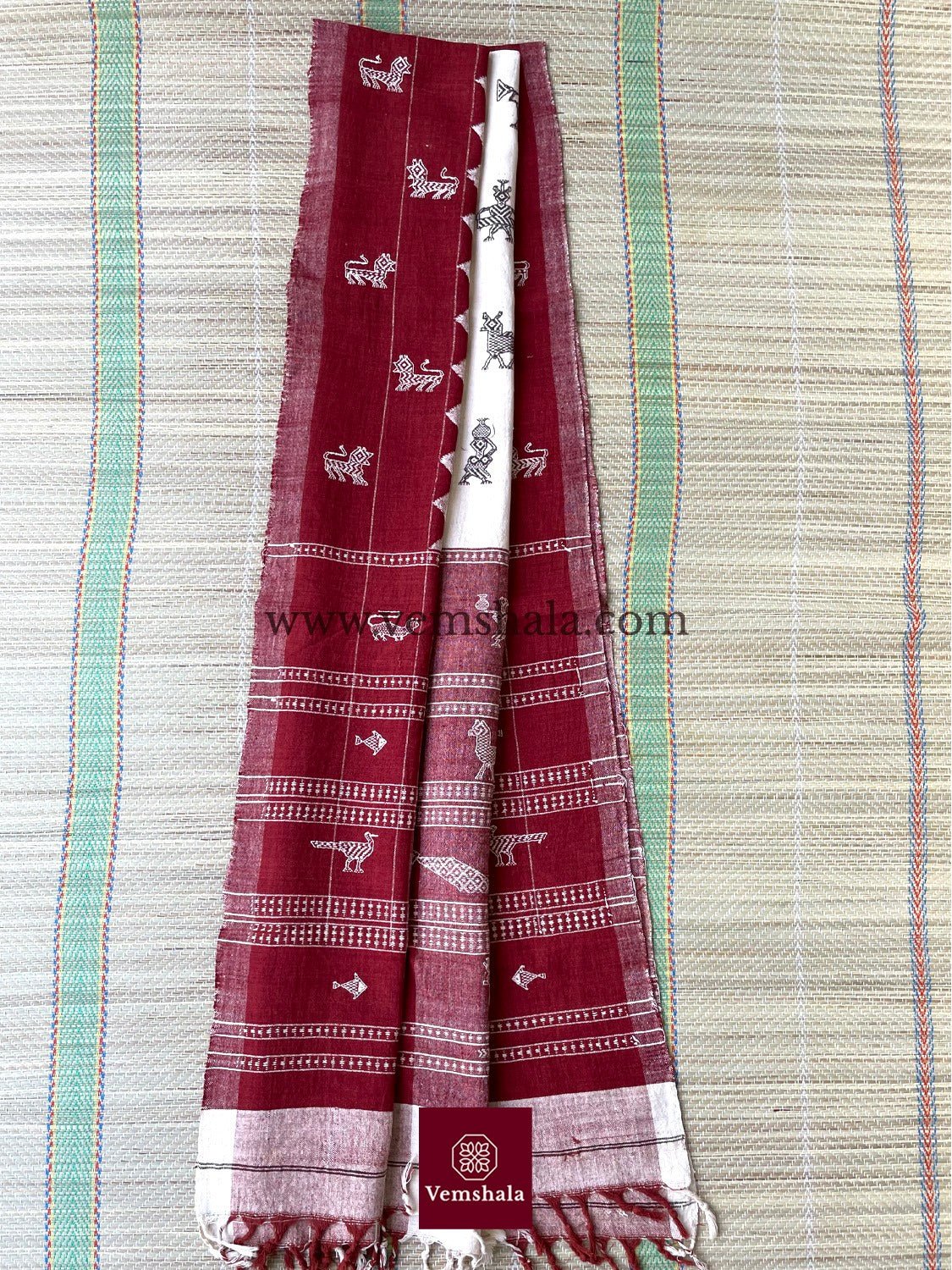 Ecru / Brick Red Kotpad Cotton Dupatta - Vemshala