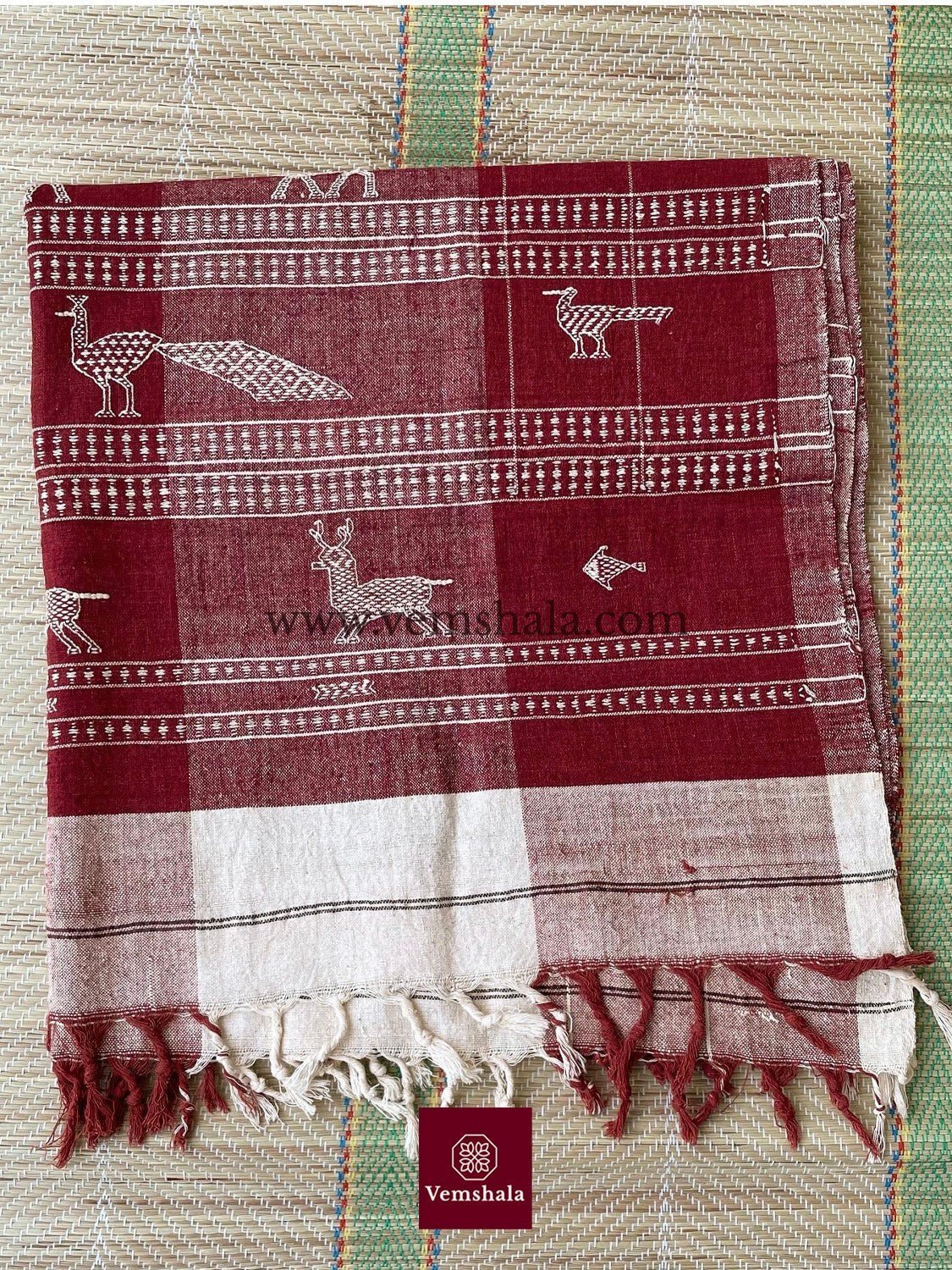 Ecru / Brick Red Kotpad Cotton Dupatta - Vemshala