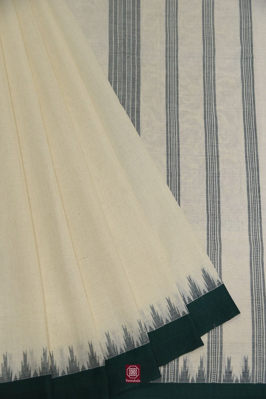 Ecru / Green Ponduru Cotton Saree - Vemshala