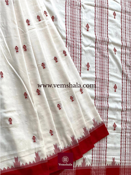 Ecru / Madder Fish Motif Cotton Kotpad Saree - Vemshala