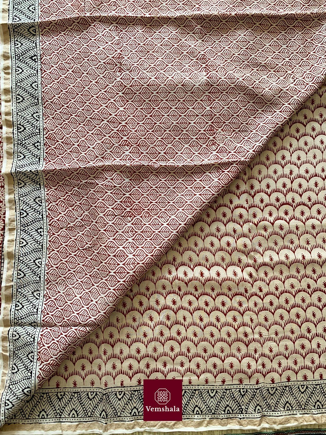 Ecru/ Maroon Chanderi Silk Bagh Hand block print Saree: Bindu - Vemshala