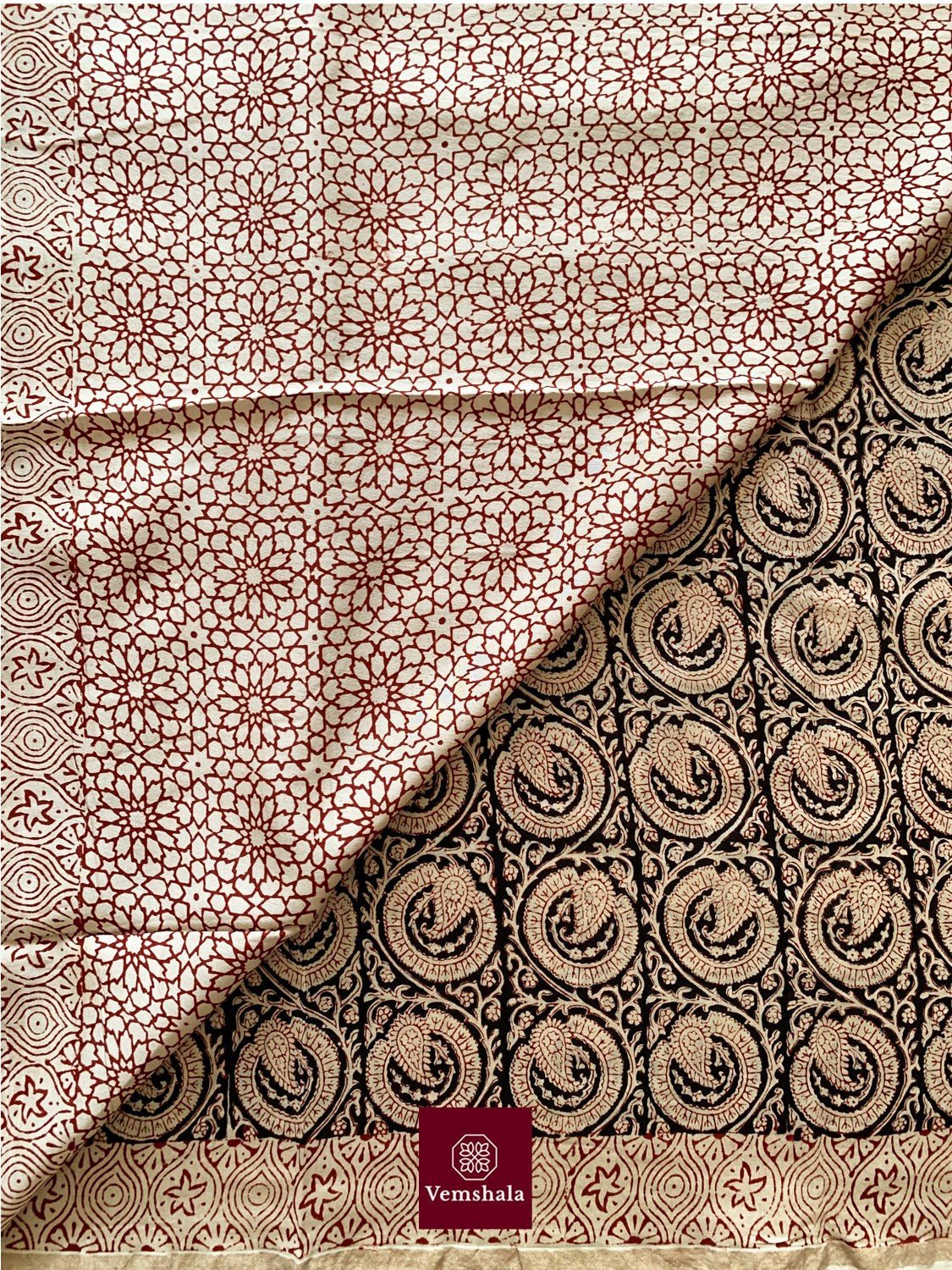 Ecru/ Maroon Chanderi Silk Bagh Hand block print Saree: Kaira - Vemshala