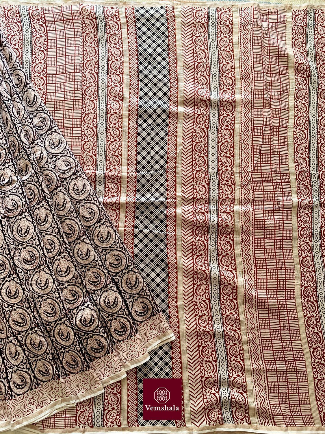 Ecru/ Maroon Chanderi Silk Bagh Hand block print Saree: Kaira - Vemshala