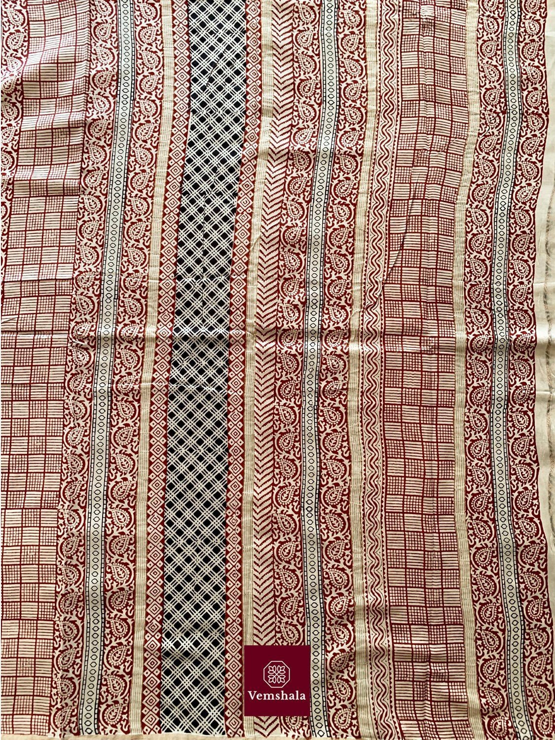 Ecru/ Maroon Chanderi Silk Bagh Hand block print Saree: Kaira - Vemshala