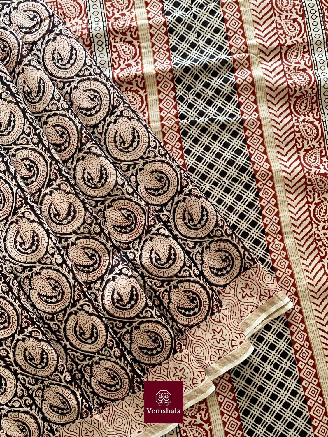 Ecru/ Maroon Chanderi Silk Bagh Hand block print Saree: Kaira - Vemshala