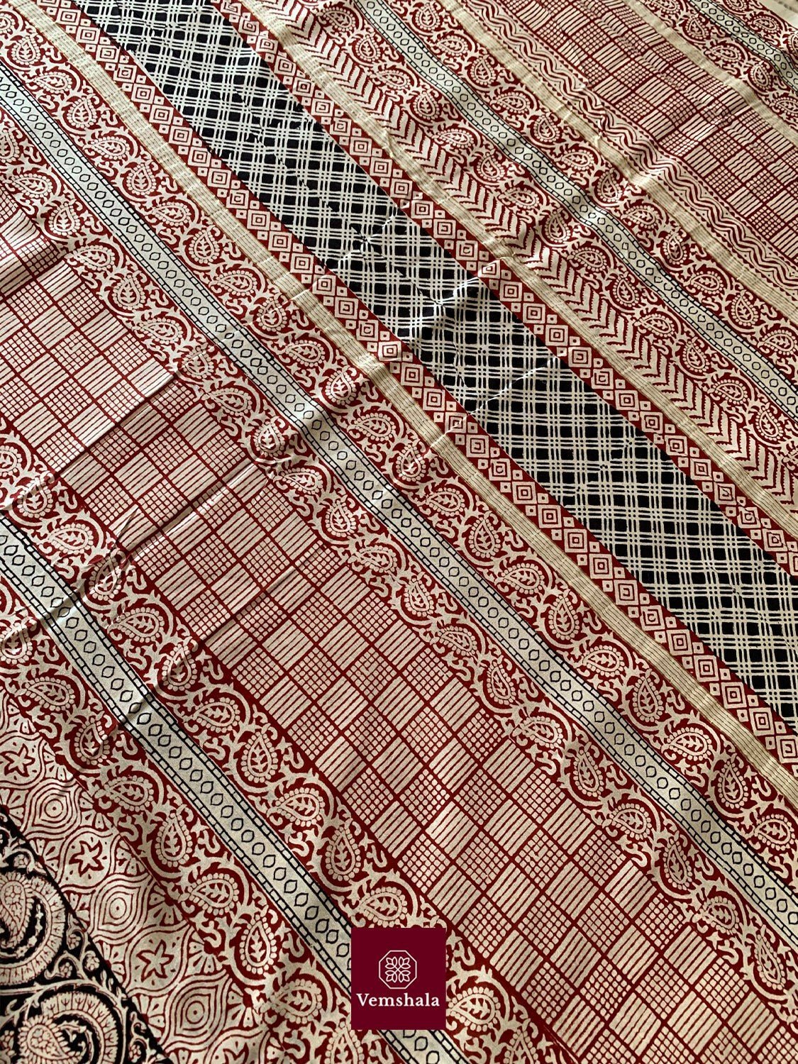 Ecru/ Maroon Chanderi Silk Bagh Hand block print Saree: Kaira - Vemshala