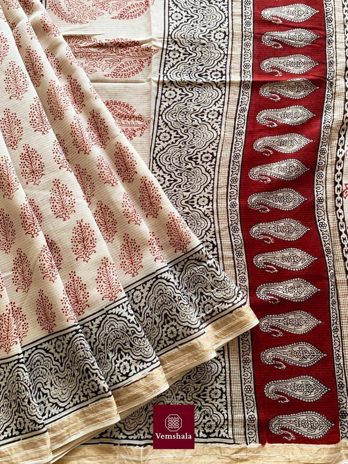 Ecru/ Maroon Maheswari Bagh Hand block print Saree: Aarzoo - Vemshala