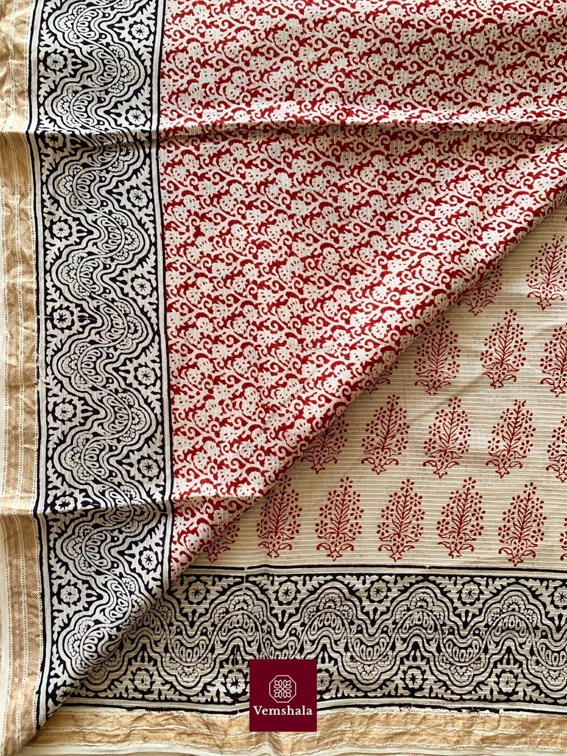 Ecru/ Maroon Maheswari Bagh Hand block print Saree: Aarzoo - Vemshala