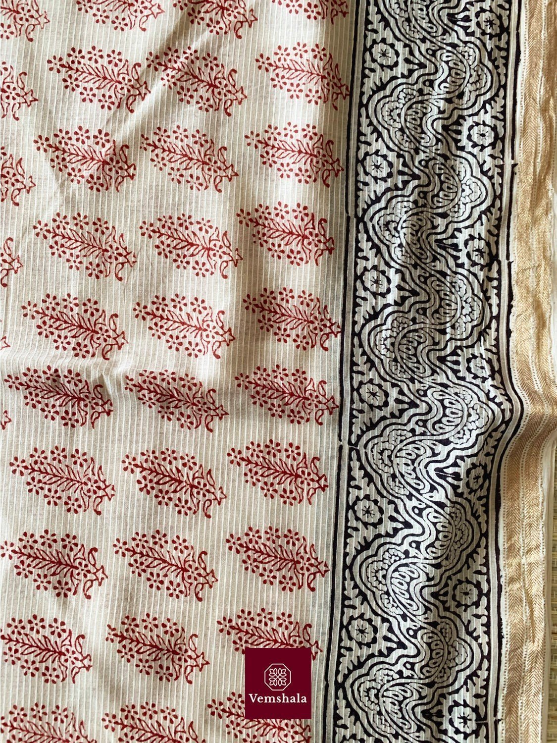 Ecru/ Maroon Maheswari Bagh Hand block print Saree: Aarzoo - Vemshala