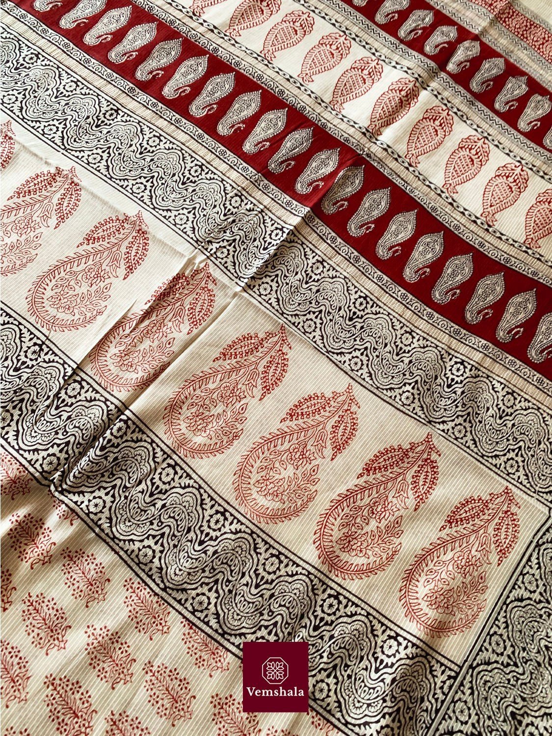 Ecru/ Maroon Maheswari Bagh Hand block print Saree: Aarzoo - Vemshala