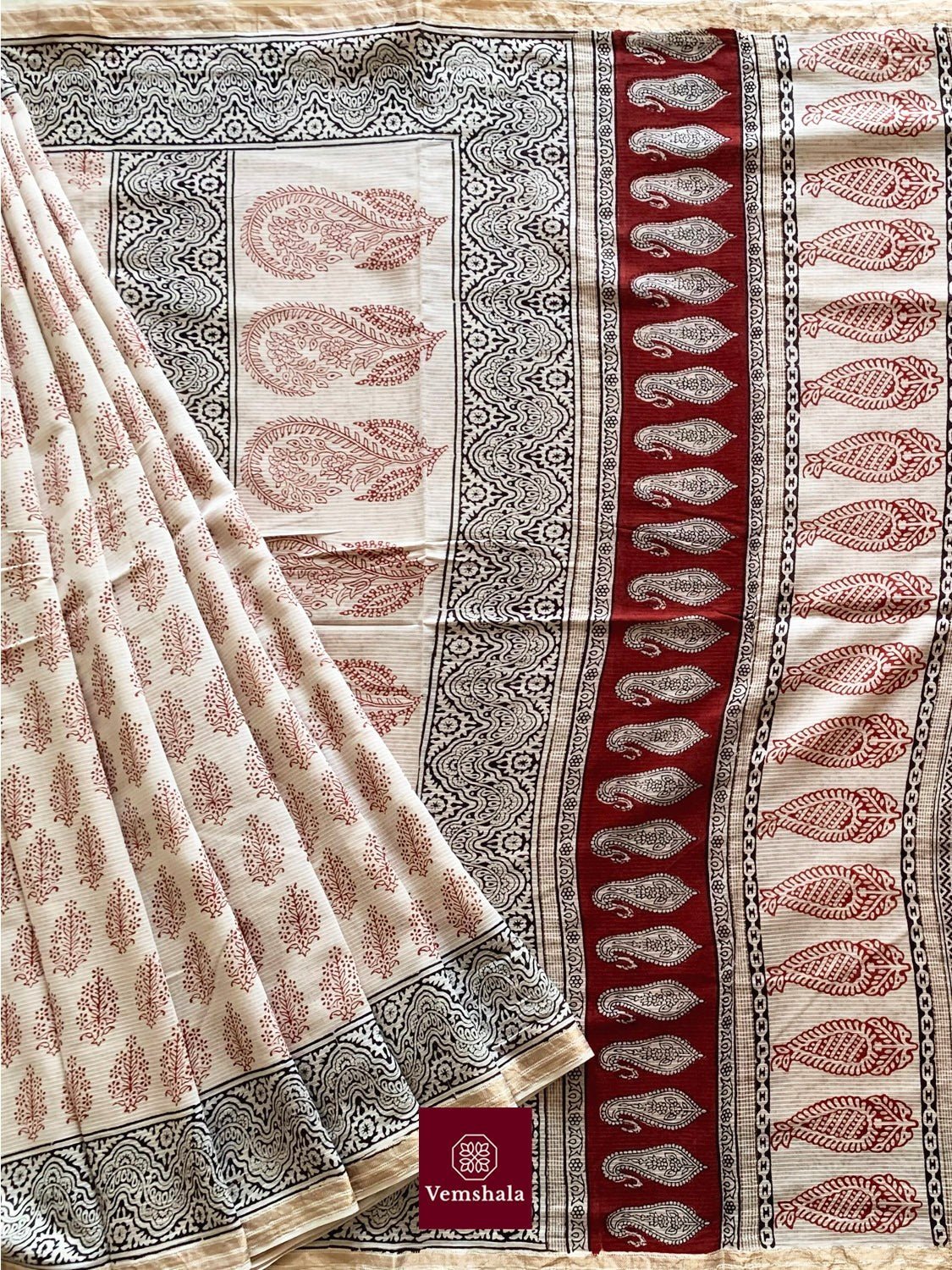 Ecru/ Maroon Maheswari Bagh Hand block print Saree: Aarzoo - Vemshala