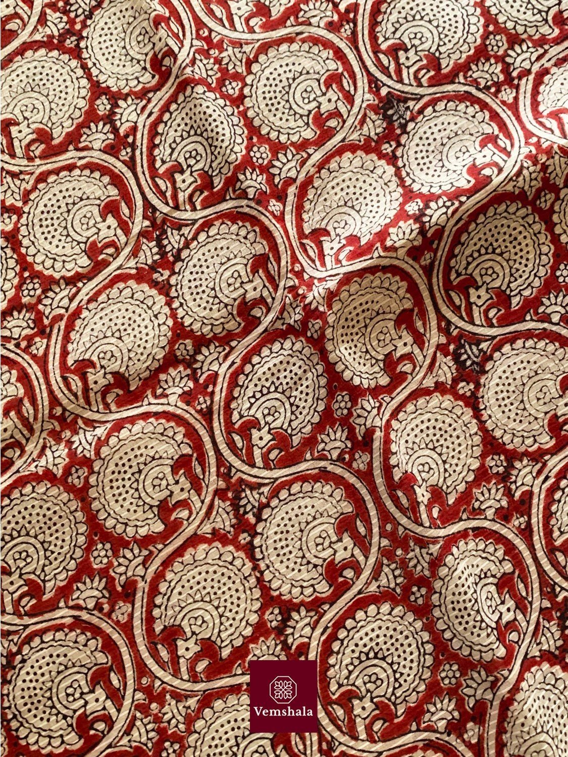 Ecru/ Maroon Maheswari Bagh Hand block print Saree: Bel - Vemshala