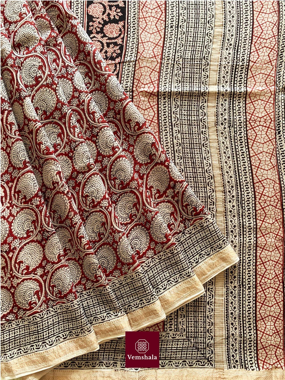 Ecru/ Maroon Maheswari Bagh Hand block print Saree: Bel - Vemshala