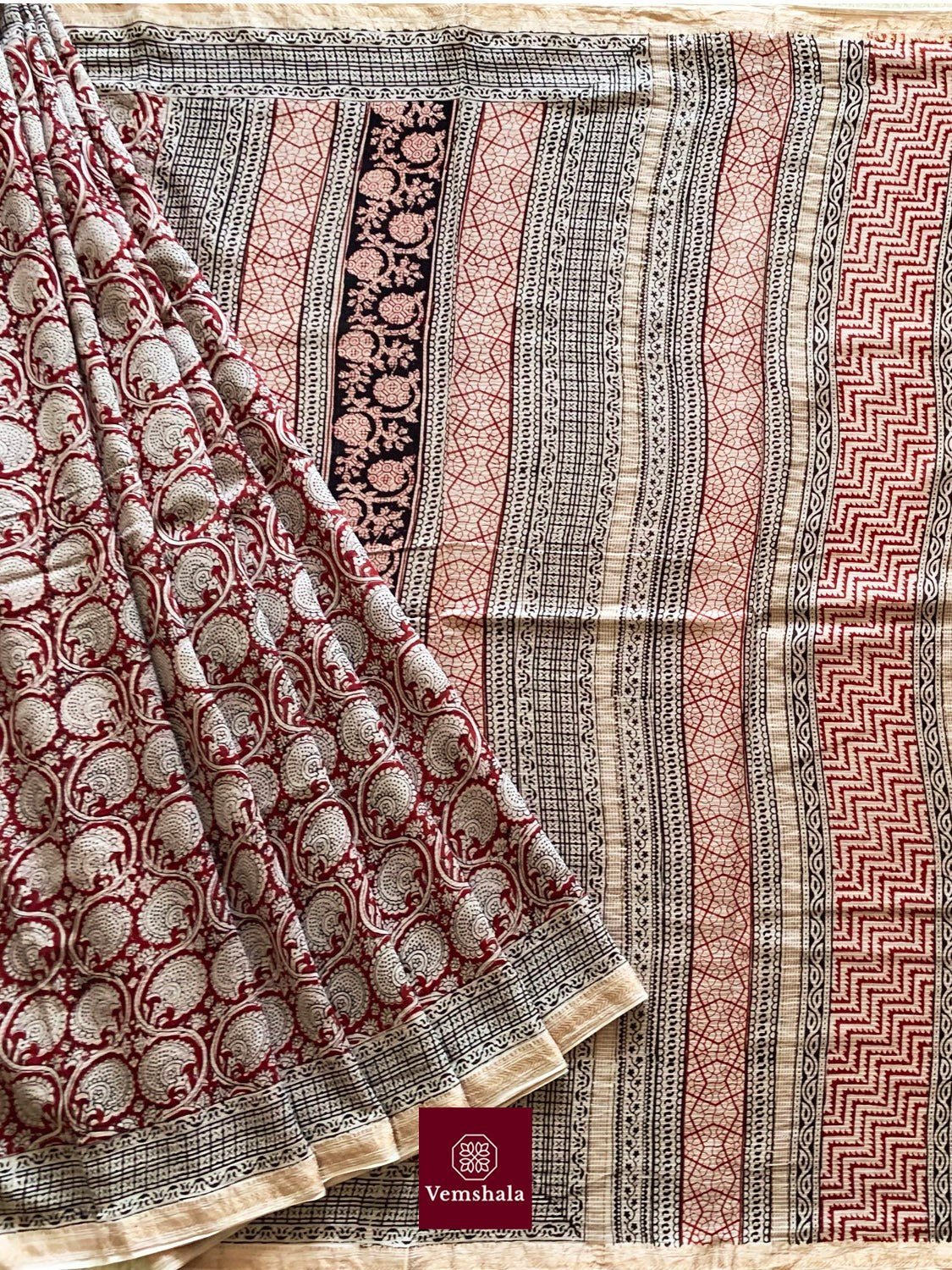 Ecru/ Maroon Maheswari Bagh Hand block print Saree: Bel - Vemshala