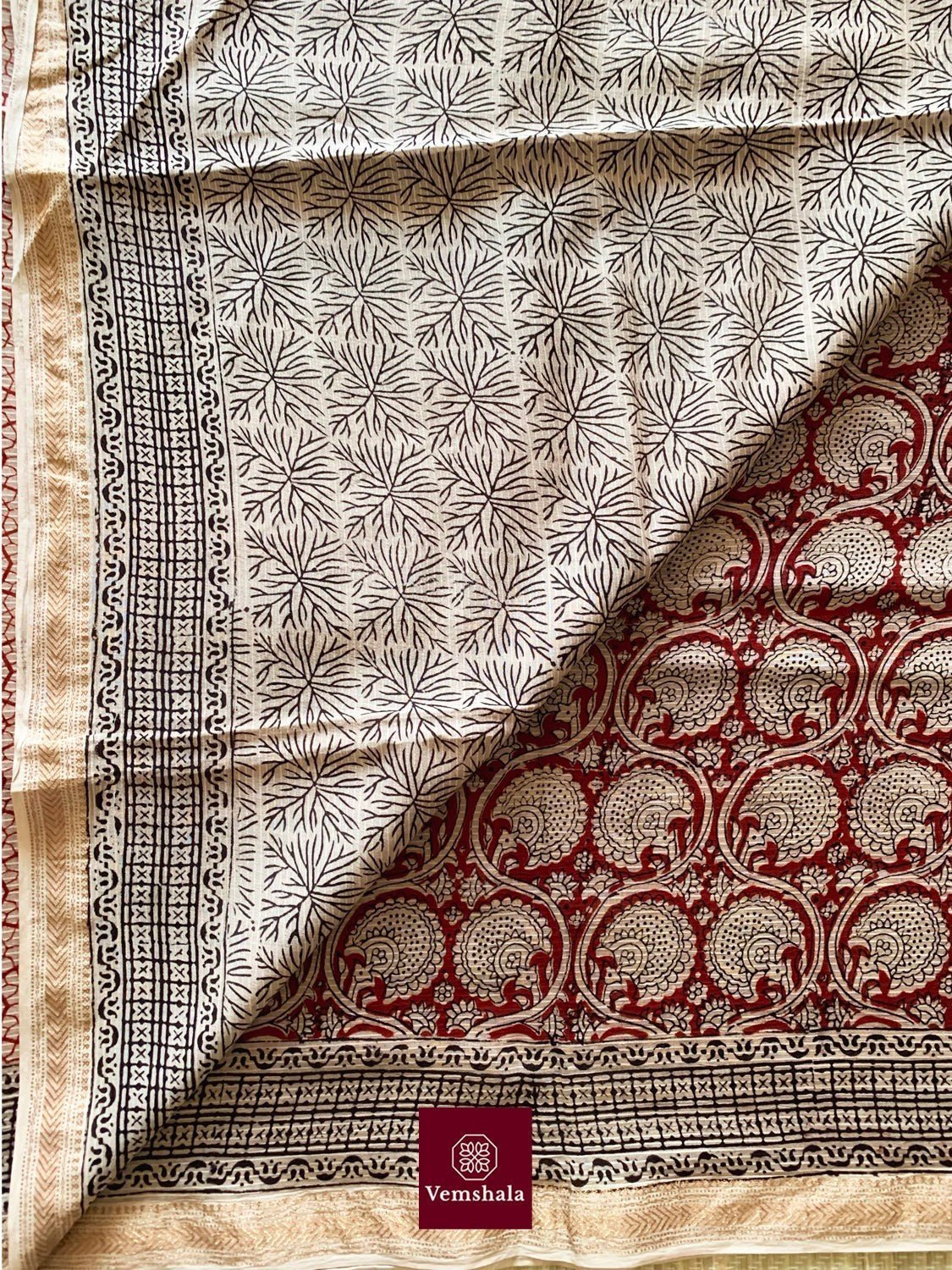 Ecru/ Maroon Maheswari Bagh Hand block print Saree: Bel - Vemshala