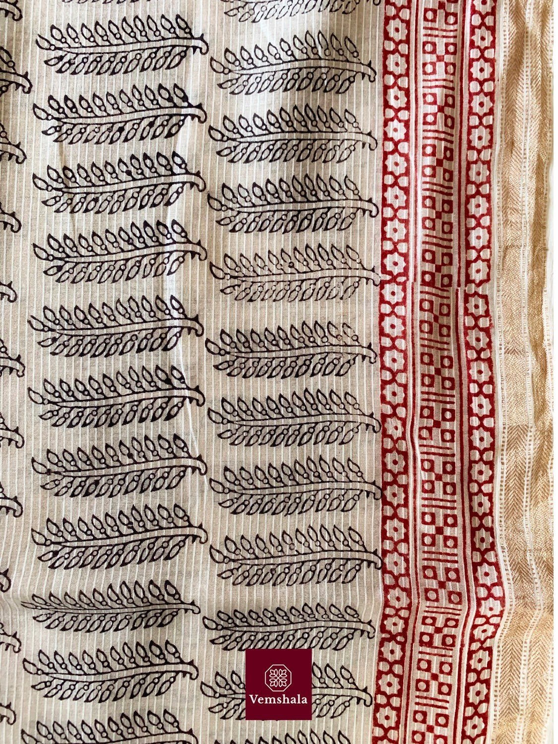 Ecru/ Maroon Maheswari Bagh Hand block print Saree: Zoya - Vemshala