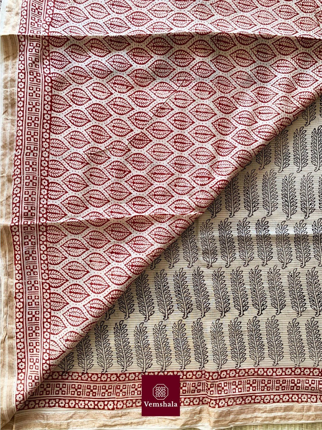 Ecru/ Maroon Maheswari Bagh Hand block print Saree: Zoya - Vemshala